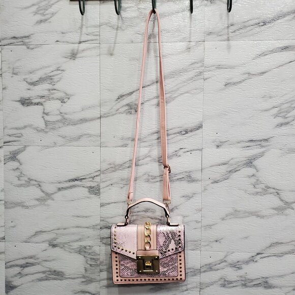 Small Handbag Pink Faux Leather Gold Tone Chain Crossbody Strap with Billfold - Picture 2 of 16